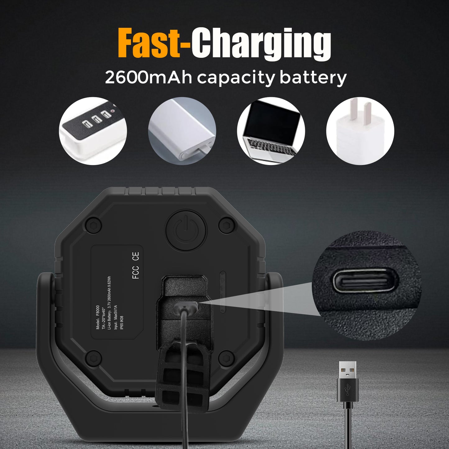 OTTAL Magnetic Rechargeable Work Light, 800LM 3 Modes with 360° Rotatable Body & 4 Strong Magnets, IP65 Waterproof, 12H Runtime, M6 Thread Mount for Car Repair, Camping, Emergency (230g)