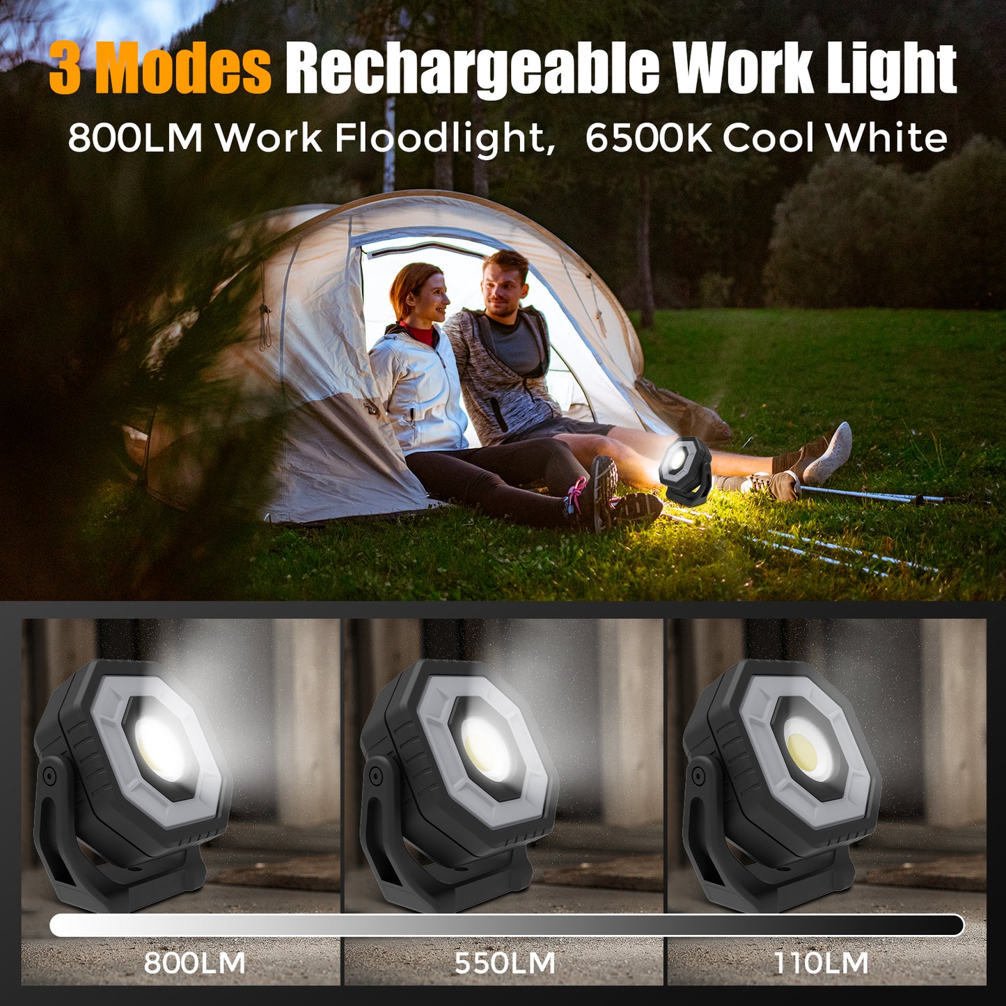 OTTAL Magnetic Rechargeable Work Light, 800LM 3 Modes with 360° Rotatable Body & 4 Strong Magnets, IP65 Waterproof, 12H Runtime, M6 Thread Mount for Car Repair, Camping, Emergency (230g)