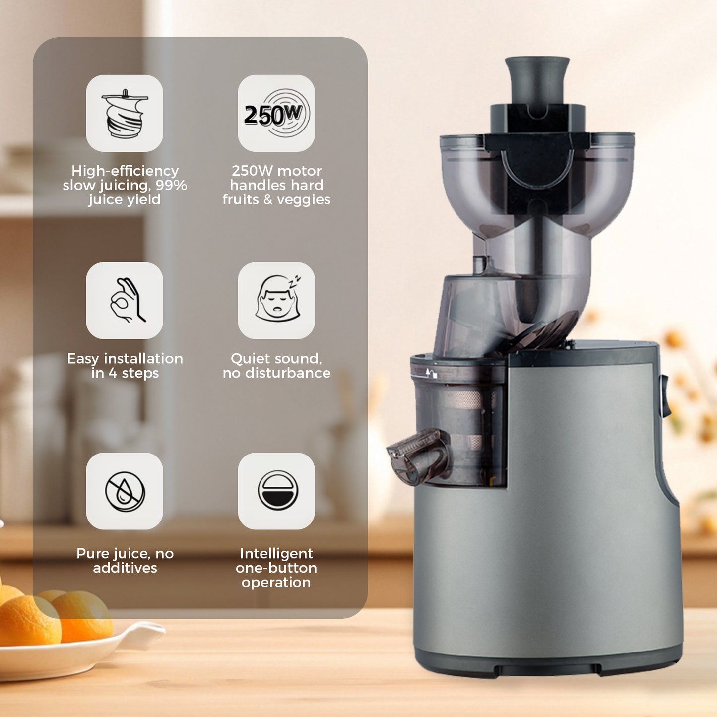 Cold Press Juicer, 250W Slow Masticating Juicer,Big Wide Feed Chute–Fits Whole Fruits & Vegetables – High Juice Yield, Easy to Clean, BPA-Free, 55 RPM Quiet Motor –Perfect for Home & Family