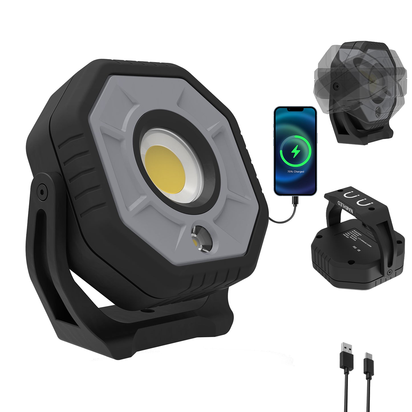 OTTAL 1600LM Dual-Light Work Light, Magnetic Rechargeable with Spotlight, 5200mAh Battery, 13H Runtime, IP65 IK07 for Mechanics, Outdoor, Emergency (400g)