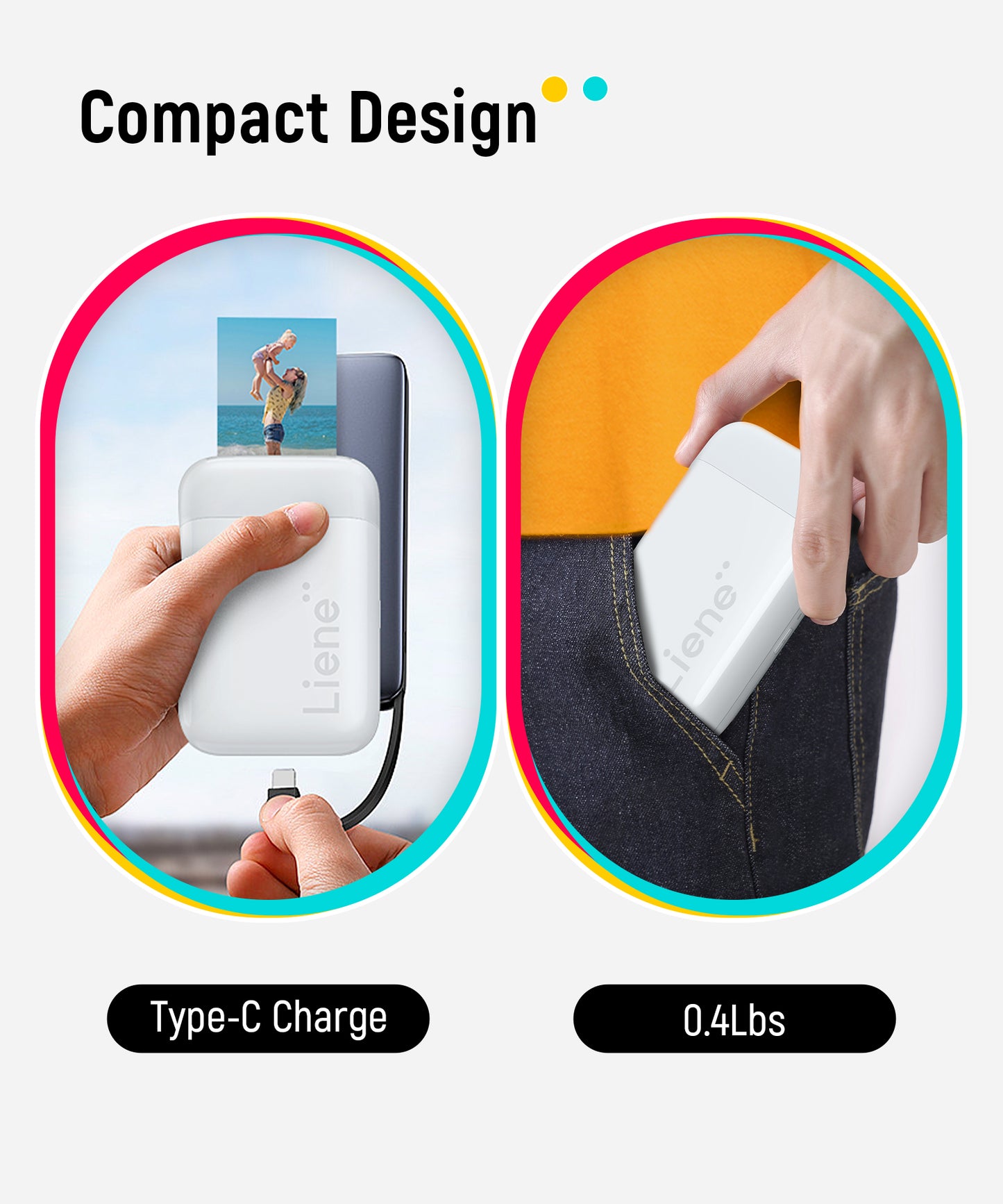 2x3” Photo Printer, Mini Instant Portable Color Mono Photo Printer Bundle 50 Zink Adhesive Paper, Bluetooth 5.0, Compatible w/iOS & Android, Small Picture Printer for iPhone, Smartphone, White